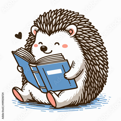 Hedgehog's Literary Delight: An adorable, animated hedgehog immersed in a book, radiating joy. It's a heart warming scene, perfect for children's illustrations.