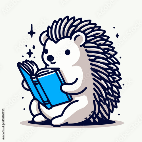 Hedgehog Reading Book: An adorable illustration of a hedgehog sitting cross-legged, holding a book open and reading. The hedgehog has a cute, happy expression and surrounded by sparkles.