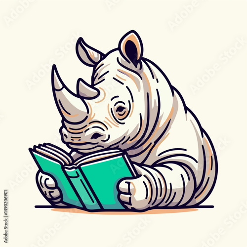Rhino Reader's Quiet Time: A scholarly rhino, engrossed in a colorful book, illustrates a blend of wildlife and intellectual pursuits.