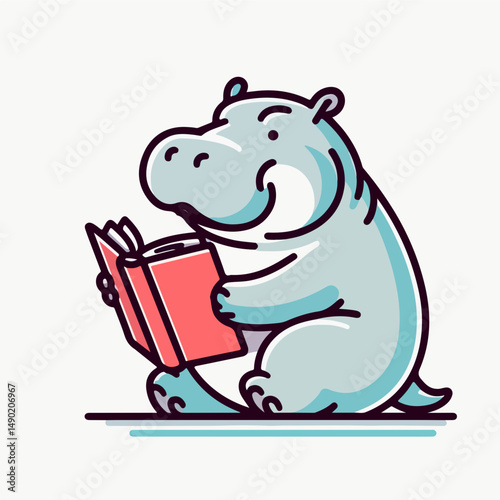 Hippopotamus's Reading Delight: This cheerful hippo is absorbed in a good book, radiating the joy of reading with a vibrant, eye-catching design.