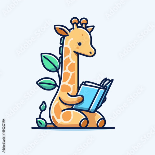Giraffe Reading: A cute cartoon giraffe with leafy branches on its back is engrossed in reading a blue book, creating a delightful and whimsical illustration.