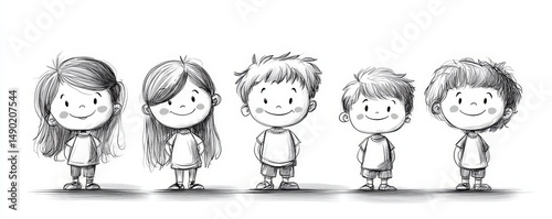 Six happy doodle kids in a row