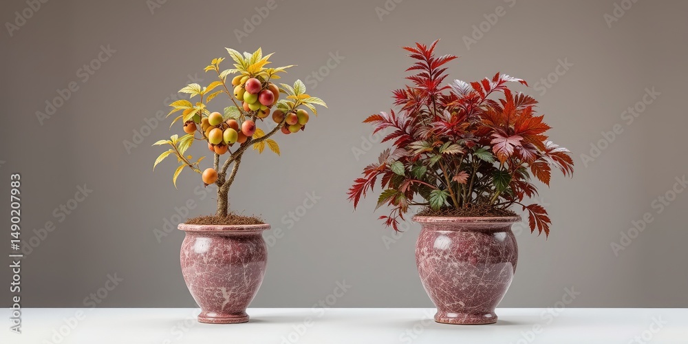 Fototapeta premium Magenta Stone Pot Holds Gold Prunus and Ricinus