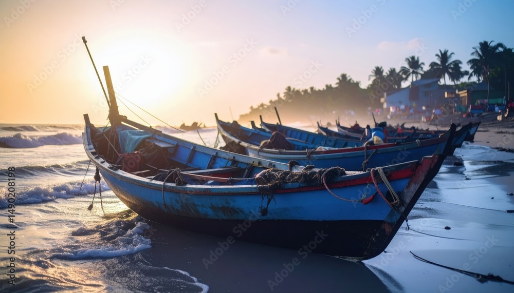 Fototapeta premium Tranquil Fishing Boats on Serene Beach During Vibrant Sunset Glow