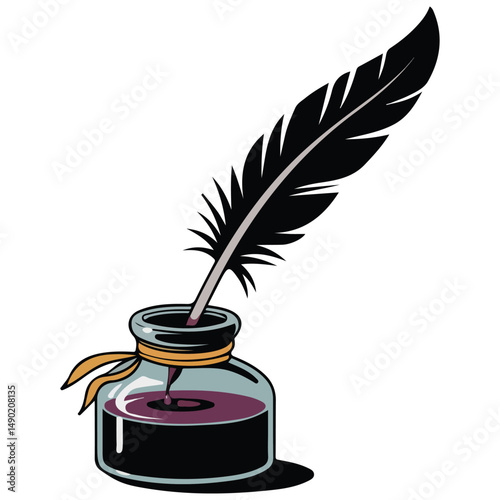 Inkwell with pen writing isolated vector illustration on white background