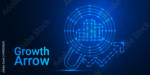 Glowing Growth Arrow Chart: Futuristic Business Success, Financial Progress, and Innovation Concept with Bright Upward Arrow on Digital Background	