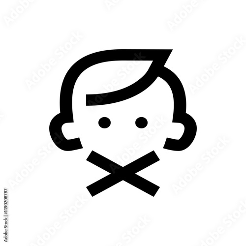 Illustration of a child's face with crossed tape over the mouth indicating silence or inability to speak