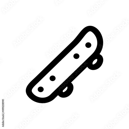 Illustration of a skateboard with black outline and wheels on a white background in simple style