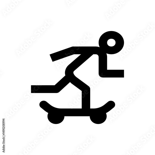 Black stick figure riding a skateboard with bent arms and legs and a circular head on a white background
