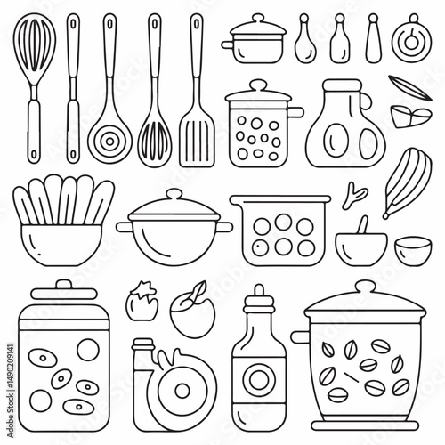 Hand drawn kitchen tools and utensils with food elements black and white artwork