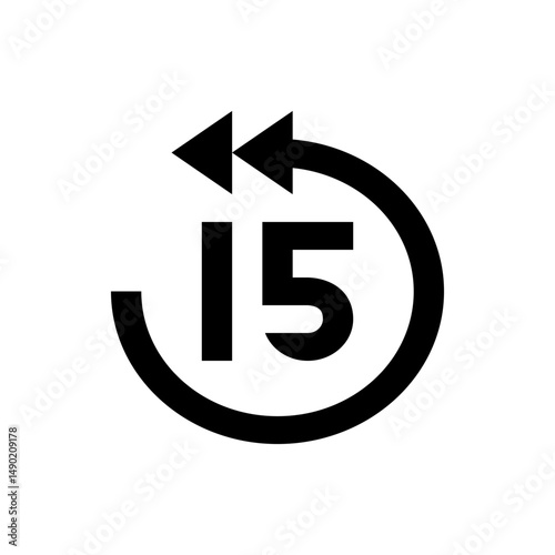 Fifteen seconds rewind icon with circular arrow indicating time lapse in black and white simple design