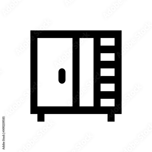 Illustration of a black and white cabinet with a door and shelves on the right side, simple design