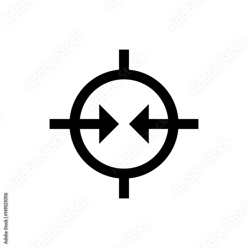 Black and white graphic of a circle with crosshairs and two arrows pointing inward toward each other