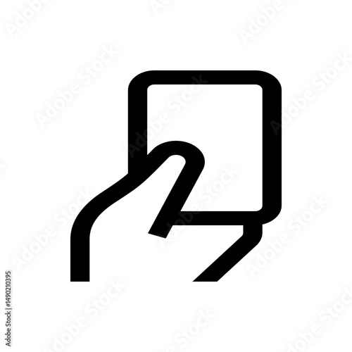 Illustration of a hand holding a card with rounded corners presented in a simple black and white design