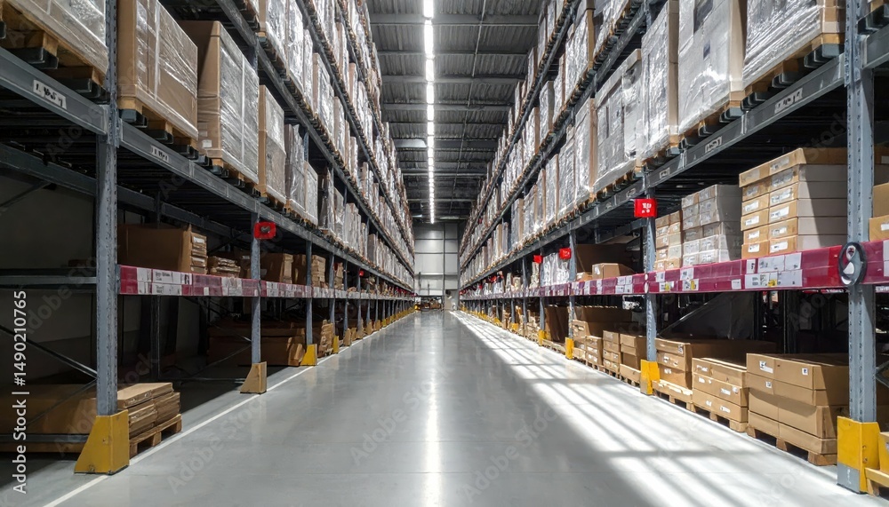 Automated Furniture Warehouse with Pallet Racking Under Sunlight Automated Furniture Warehouse with Pallet Racking Under Sunlight
