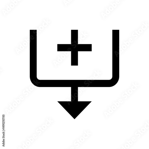 Black download icon with a plus symbol inside a square shape connected to an arrow pointing down below