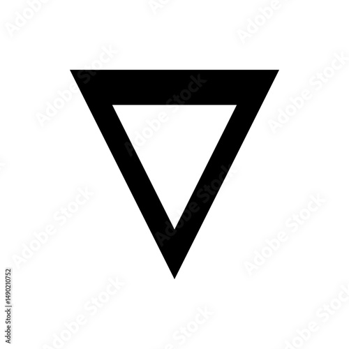 A simple geometric shape depicting an inverted triangle outlined in black on a white background design element