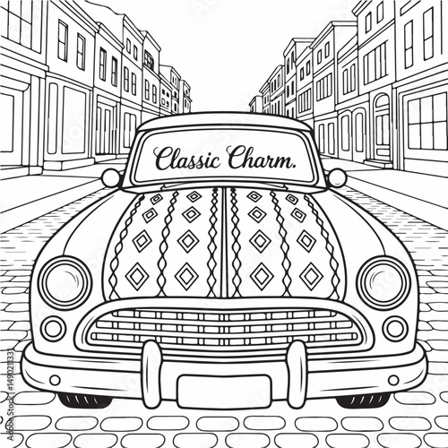 Vintage car adorned with decorative pattern on a cobblestone street in cityscape