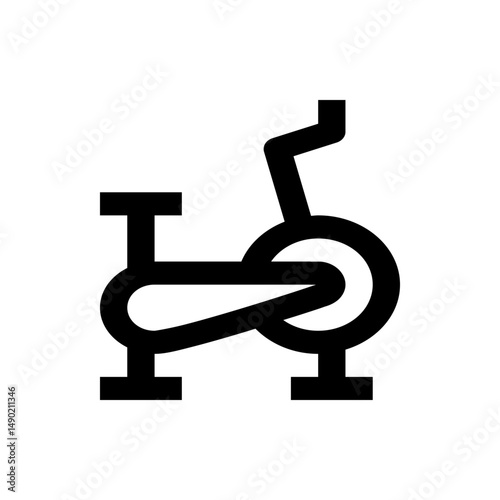 Illustration of a stationary exercise bike with handlebars and seat in a minimalist black outline style design