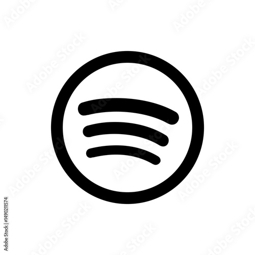 A black and white spotify logo featuring curved lines inside of a circle on a white background space for text