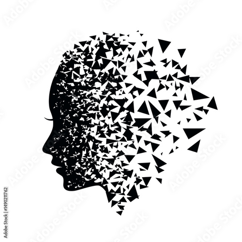Fragmented female head in profile abstract vector illustration. Woman head with mental illness symbol. Human with depression icon. Person with fragmented dissociative identity disorder icon