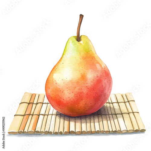 Nashi Pear On A Bamboo Mat, watercolor clipart vector, high quality, isolated on a white background.