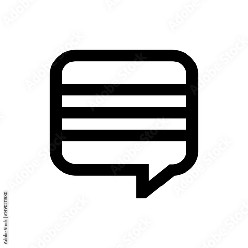 A simple black and white illustration of a speech bubble with horizontal lines inside representing text content