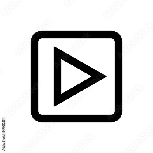 Black outlined square containing a right facing triangle, isolated on a white background, simple icon design