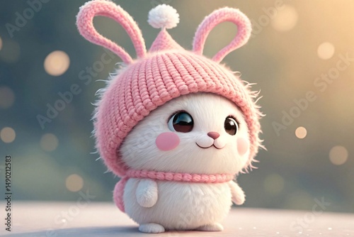 Adorable Fluffy White Creature in Cozy Pink Bunny Hat