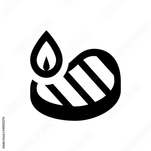Black and white graphic illustration of a grilled steak with a flame above it in a simple style