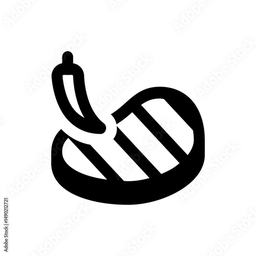 Illustration of a grilled steak with grill marks and a sausage on top in black and white color scheme