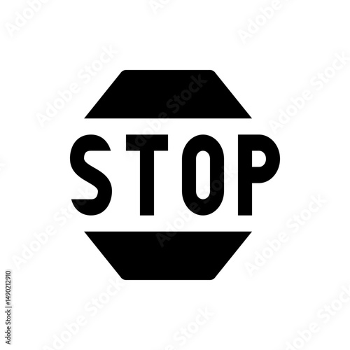 Black octagon with the word stop in bold white letters indicating a mandatory halt or pause command signal