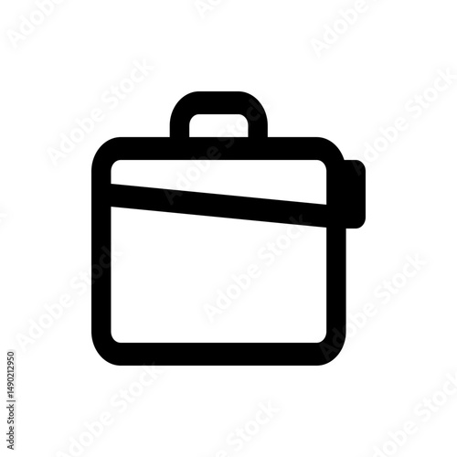 Illustration of a black outlined briefcase with a handle and a strap on a white background view