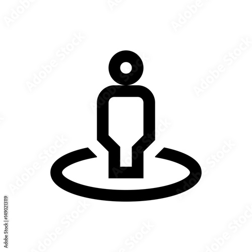 Person icon standing on a location marker with a circular base in black and white minimalist design style