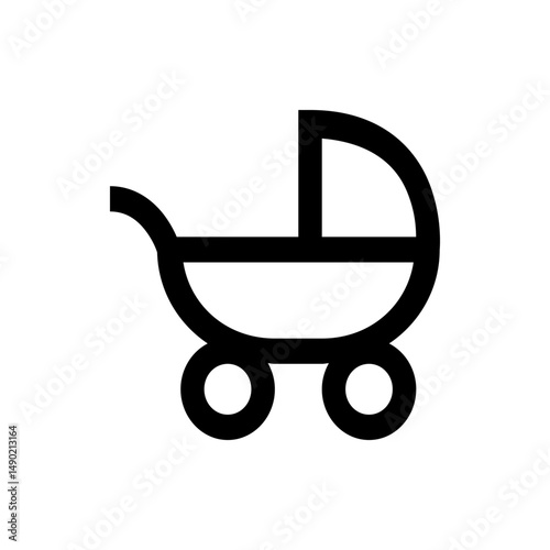 Illustration of a baby stroller with a curved handle and two wheels in a minimalist black outline style design