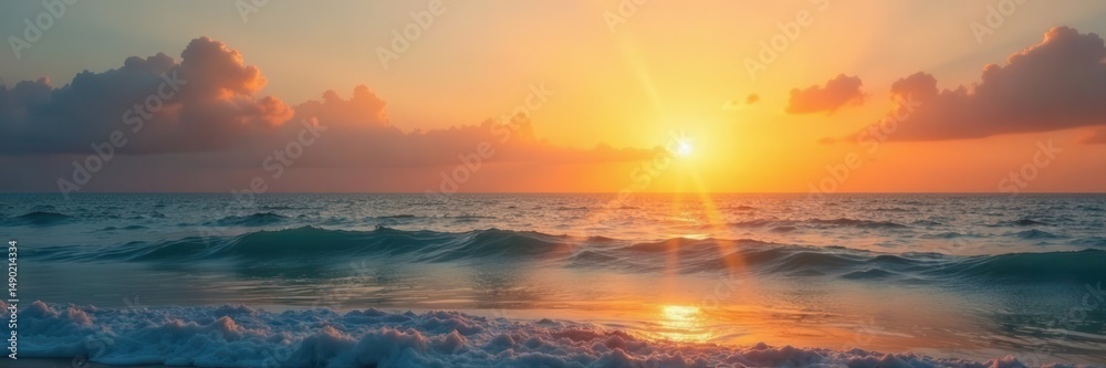 Obraz premium Serene sunrise paints calm ocean gold, clear sky , clear, waves, water