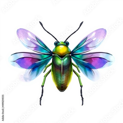 Colorful cartoon insect with purple separate wings and green shiny body