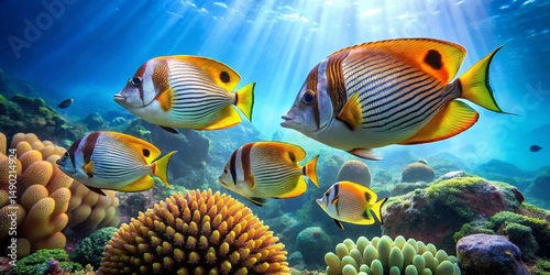 Vibrant Reef Fish Displaying Striking Patterns in a Sunlit Underwater Paradise