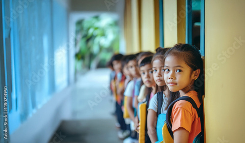 Group of Children Waiting in Line to Enter Schoo.Generated image