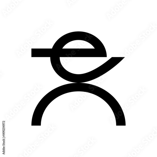 A stylized letter e resting atop a curved shape resembling an upside down u in a minimalist black design