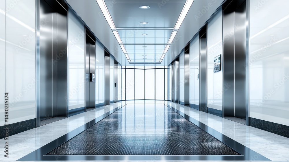 Naklejka premium Modern office elevator lobby, city view