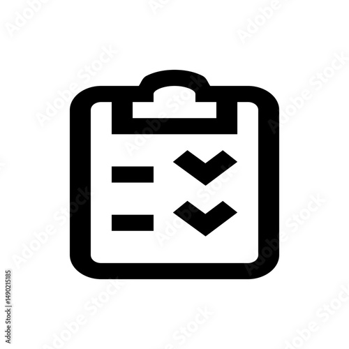 Illustration of a clipboard with two horizontal lines and two downward pointing arrows in black outline