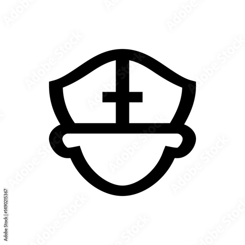 Stylized depiction of a bishop's mitre with a cross in black outline on a white background icon art