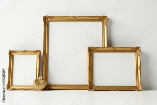 Elegant gold ornate picture frames on white background with festive ornament