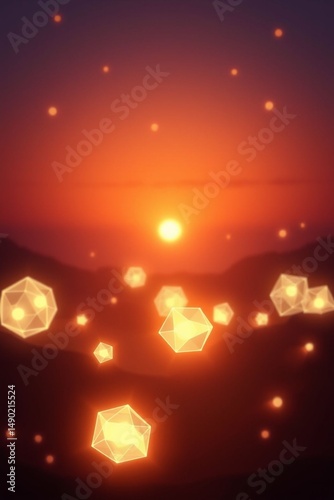 Glowing geometric shapes floating in a sunset landscape with warm colors