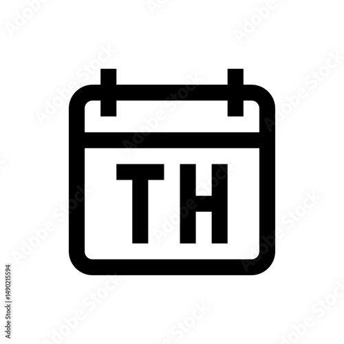 Black outlined calendar icon showing the abbreviation th for thursday on a white isolated background