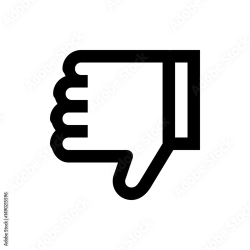Illustration of a stylized black thumbs down icon with a thick outline on a white background plain