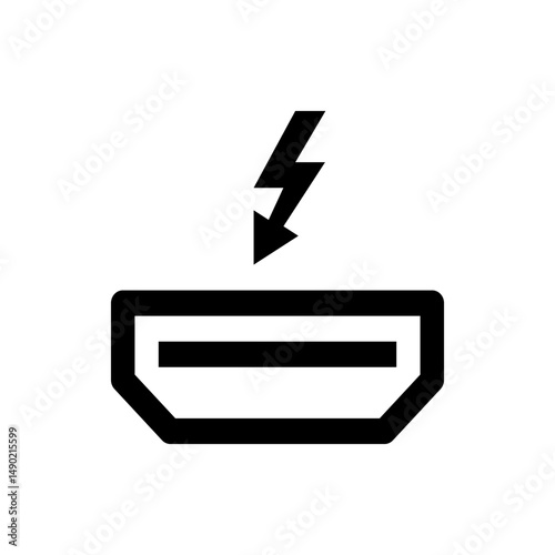 Illustration of a black thunderbolt or lightning bolt above a usb style port on a white background image