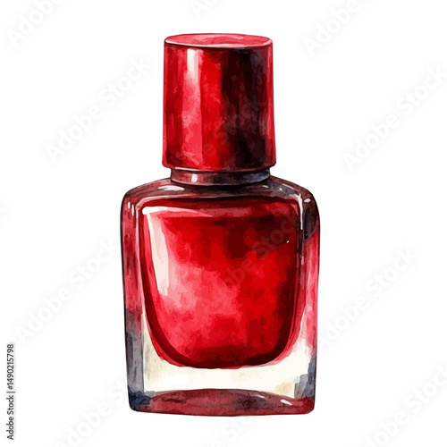 Nail Polish Bottle In Ruby Red, watercolor drawing vector, high quality, isolated on a white background.