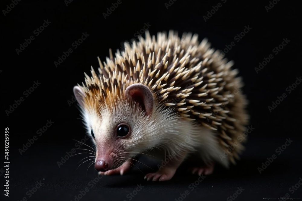 Fototapeta premium Tiny hedgehog, curled slightly, black background, wildlife photography, nature, spines